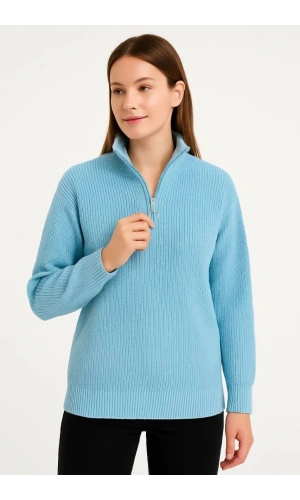 KADIN Yarım Fermuarlı Triko Kazak – Selanik Örgü, Dik Yaka, Pamuklu Dokuma, Oversize Uzun Kollu Kışlık Model - Bebe Mavisi