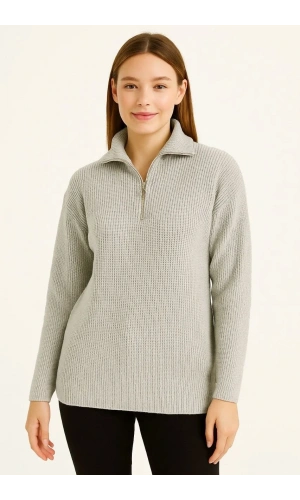 KADIN Yarım Fermuarlı Triko Kazak – Selanik Örgü, Dik Yaka, Pamuklu Dokuma, Regular Fit Uzun Kollu Kışlık Model - Gri