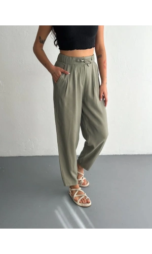 Kadın Yüksel Bel Beli Bağcıklı Cepli Rahat Paça Pantalon - Su Yeşili