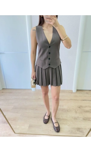 Keten Takım Görünümlü Düğme Detaylı Yelekli Mini Elbise - Füme