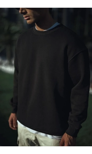 Kışlık Bisiklet Yaka Üç İplik Basic SweatShirt - Siyah