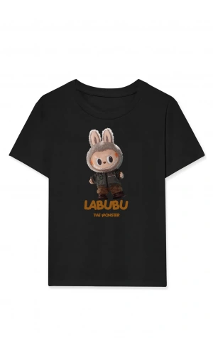 Kız Labubu Çocuk Baskılı T-Shirt - Siyah