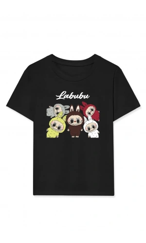 Kız Labubu Çocuk Baskılı T-Shirt - Siyah