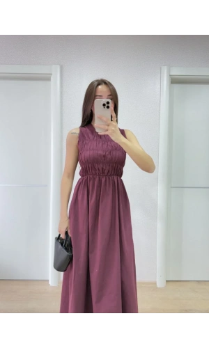 Kolsuz Göğüs Lastıklı %100 Poplin Uzun Elbise - Bordo