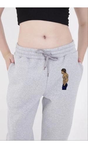 Lastikli Üç İplik Baskılı Eşofman Pantolon - Gri