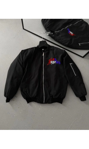 Los Angeles Siyah Bomber Mont – Fermuarlı, Cepli, Kapitone Astarlı, Bahar ve Kış Günlük Kullanım İçin Unisex Ceket- Siyah