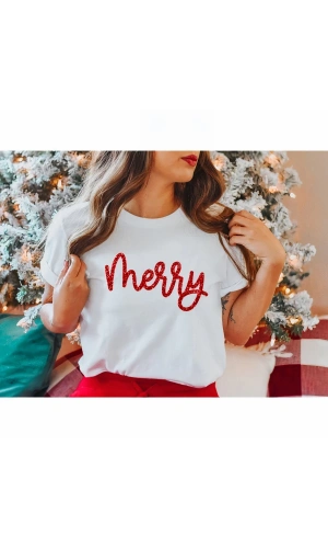 Merry Baskılı T-shirt - Beyaz