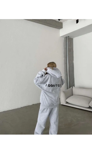 Nakış İşlemeli Üç İplik Sweat Takım- Gri