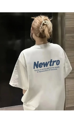 Newtro Baskılı Oversize Bisiklet Yaka T-shirt - Beyaz