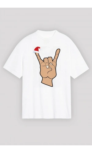 Noel Başlıklı Serçe Parmak T-shirt - Beyaz