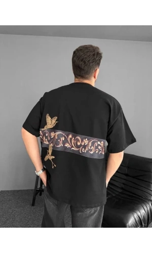 Ön ve Arka Baskılı Oversize Bisiklet Yaka T-shirt - Siyah