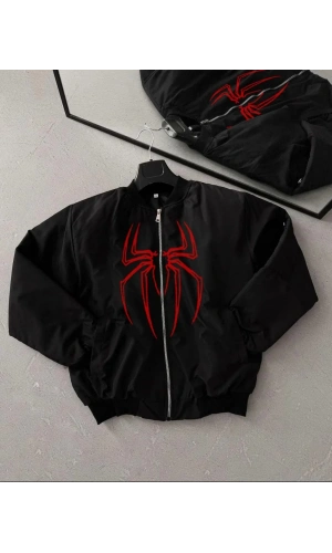 Örümcek Desenli Siyah Bomber Mont – Unisex Kullanıma Uygun, Fermuarlı Cepli, Kapitone Astarlı, Bahar Kış Günlük Giyim İçin Moda Ceket Modeli - Siyah