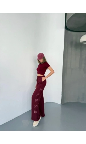 Osy Modal Yumuşak Dokulu Kumaş Nakış işlemeli Rahat Bol Paça Eşofman Pantalon - Bordo