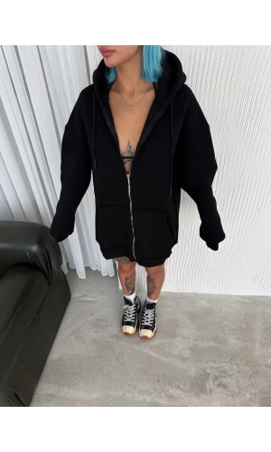 Oversize Tam Fermuarlı Uzun Kol Hırka - Siyah