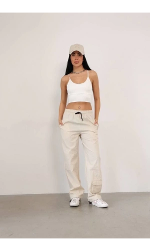 Paraşüt Kumaş Kargo Ceplı Baggy Eşofman- Bej