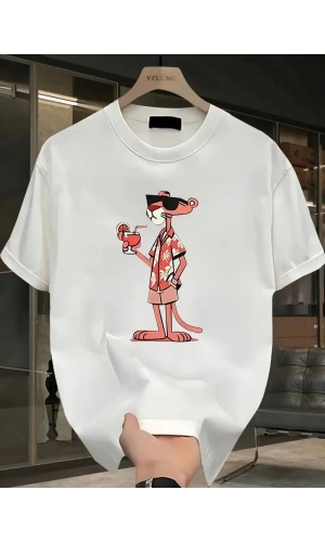 Pembe Panter Baskılı Erkek Oversize Günlük Kısa Kollu Tişört İlkbahar ve Yaz için Mükemmeldir - Beyaz