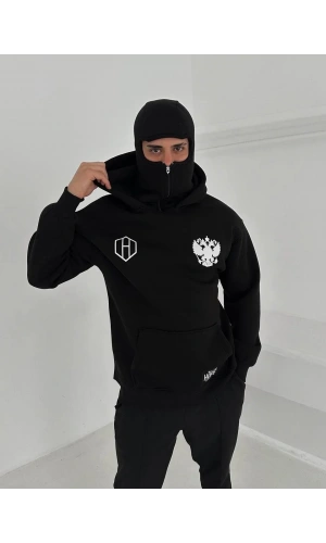 Samuray Ninja Çift Kapşonlu ZIP Fermuarlı Kanguru Çepli Tam Fermuarlı Hoodie ön ve Arka Baskılı Maske Detaylı Swetshirt - Siyah
