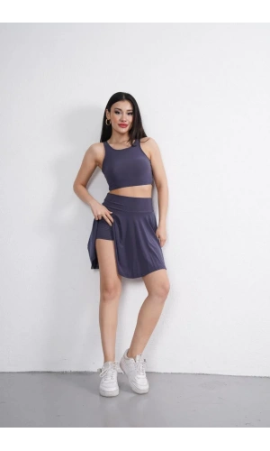 Sendy Kumaş Bisiklet Yaka Crop Şortlu Etek ikili Takım - Antrasit