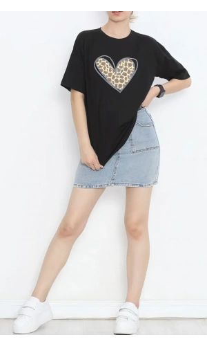 Sevgililer Günü İçin Özel Tasarım Leopar Kalp Baskılı T-shirt - Siyah