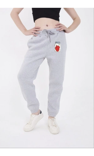 Üç İplik Lastikli Baskılı Eşofman Pantolon - Gri