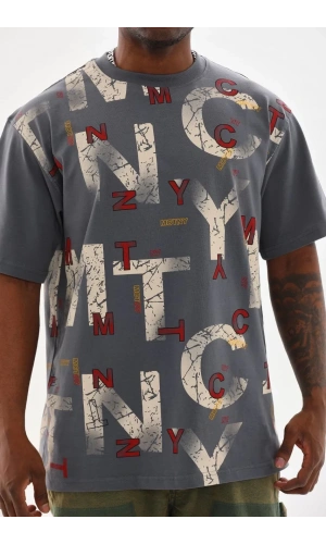 Unisex Baskılı Oversize T-Shirt - Füme