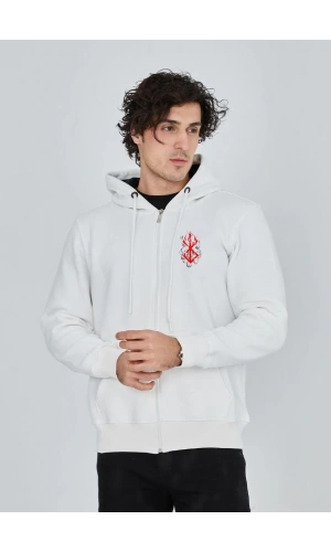Unisex Baskılı Tam Fermuarlı Kapşonlu SweatShirt - Beyaz