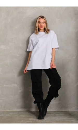 Unisex Bisiklet Yaka 20/1 Düz Oversize T-Shirt - Beyaz