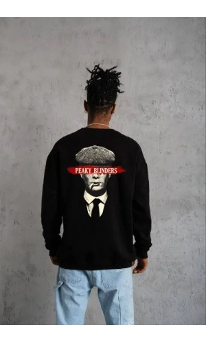 Unisex Bisiklet Yaka Baskılı Oversize Sweatshirt - Siyah