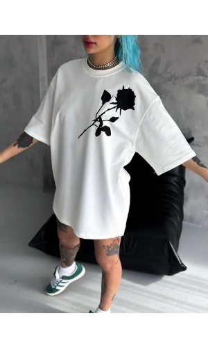 Unisex Bisiklet Yaka Baskılı Oversize T-Shirt - Beyaz