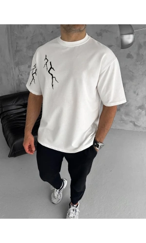 Unisex Bisiklet Yaka Baskılı Oversize T-Shirt - Beyaz