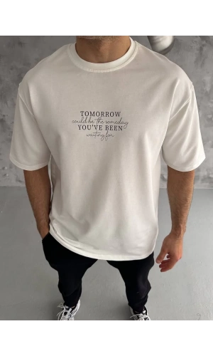 Unisex Bisiklet Yaka Baskılı Oversize T-Shirt - Beyaz