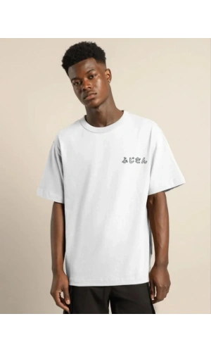 Unisex Bisiklet Yaka Baskılı Oversize T-Shirt - Beyaz