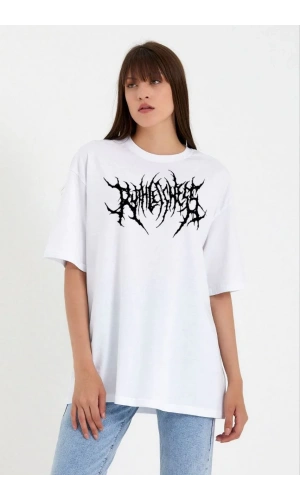 Unisex Bisiklet Yaka Baskılı Oversize T-Shirt - Beyaz