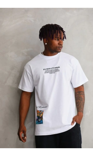 Unisex Bisiklet Yaka Baskılı Oversize T-Shirt - Beyaz