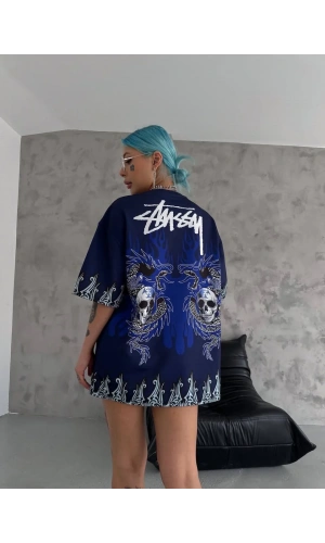 Unisex Bisiklet Yaka Baskılı Oversize T-Shirt - Lacivert