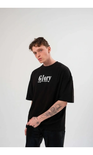 Unisex Bisiklet Yaka Baskılı Oversize T-Shirt - Siyah