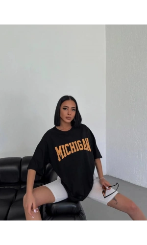 Unisex Bisiklet Yaka Baskılı Oversize T-Shirt - Siyah