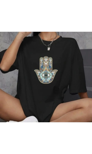 Unisex Bisiklet Yaka Baskılı Oversize T-Shirt - Siyah