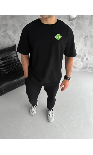 Unisex Bisiklet Yaka Baskılı Oversize T-Shirt - Siyah