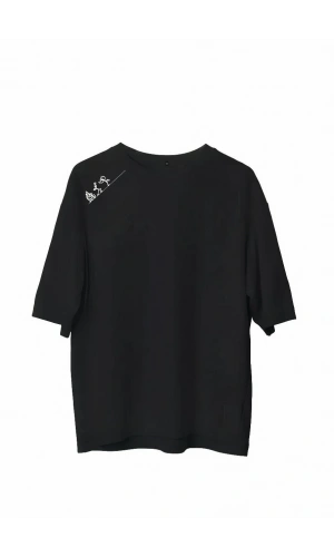 Unisex Bisiklet Yaka Baskılı Oversize T-Shirt - Siyah