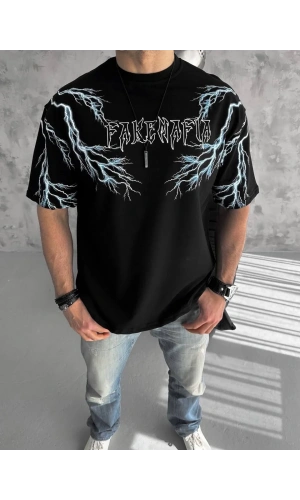 Unisex Bisiklet Yaka Baskılı Oversize T-Shirt - Siyah