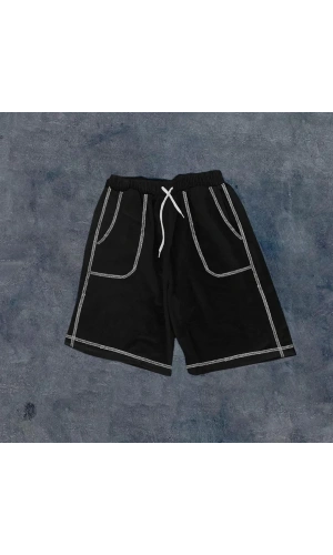 Unisex Dikişli Cepli Oversize Şort - Siyah