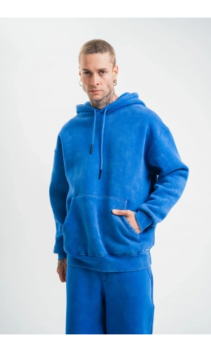 Unisex Double Oversize Kapşonlu Yıkamalı SweatShirt - Mavi