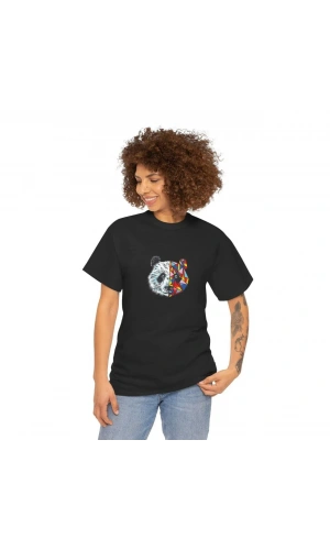 Unisex Kadın Bisiklet Yaka Baskılı T-Shirt - Siyah