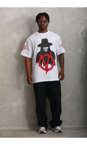 Unisex Oversize Baskılı Bisiklet Yaka T-Shirt - Beyaz