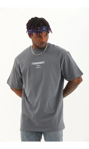 Unisex Oversize Baskılı Bisiklet Yaka T-Shirt - Füme