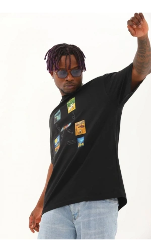 Unisex Oversize Baskılı Bisiklet Yaka T-Shirt - Siyah