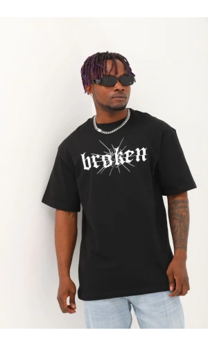 Unisex Oversize Baskılı Bisiklet Yaka T-Shirt - Siyah