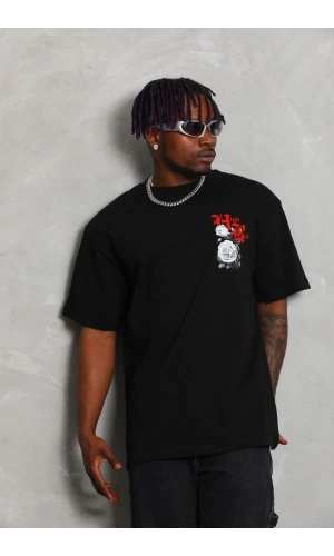 Unisex Oversize Baskılı Bisiklet Yaka T-Shirt - Siyah