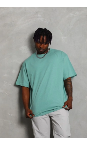 Unisex Oversize Düz Bisiklet Yaka T-Shirt - Mint Yeşili